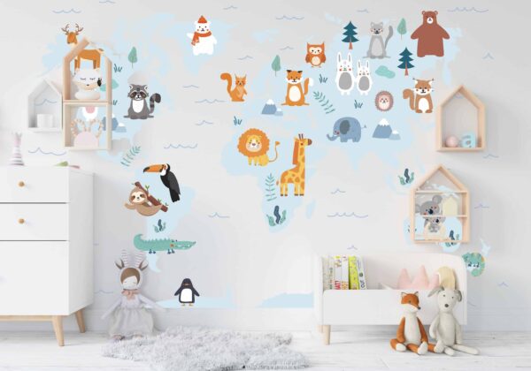 A világ térképe állatokkal, vízkék vízfesték árnyalatban - Gyermek térkép a falon - kepekfalra.hu