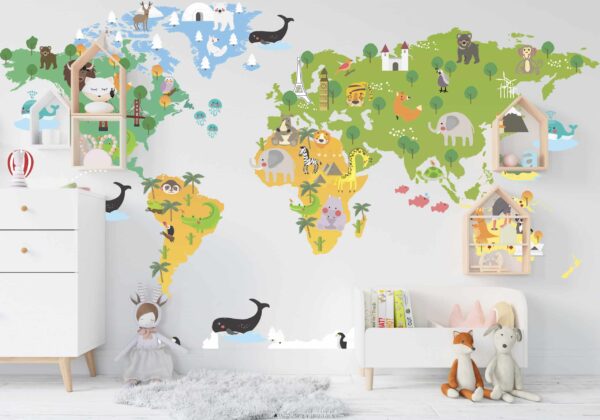 Állatok ábrázolásával ellátott gyermek világtérkép-Fali gyermek világtérkép-kepekfalra.hu
