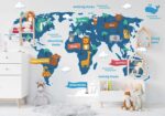 Állatokkal és kontinensek nevével ellátott gyermek világtérkép - Gyermek világtérkép a falon - kepekfalra.hu