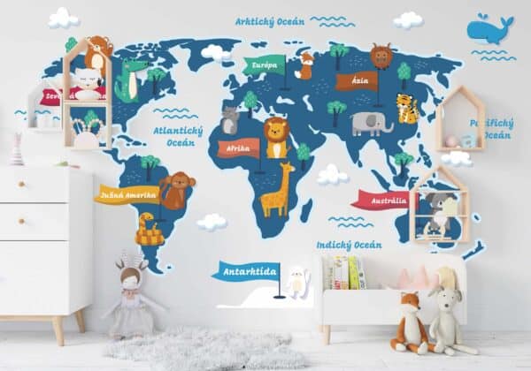 Állatokkal és kontinensek nevével ellátott gyermek világtérkép - Gyermek világtérkép a falon - kepekfalra.hu