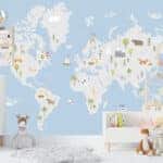 Gyermek világtérkép állatokkal, szürke vízfestékkel - Gyermek világtérkép a falra - kepekfalra.hu