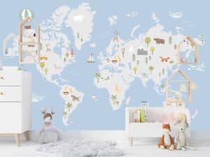 Gyermek világtérkép állatokkal, szürke vízfestékkel - Gyermek világtérkép a falra - kepekfalra.hu