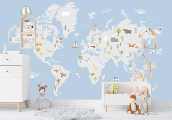 Gyermek világtérkép állatokkal, szürke vízfestékkel - Gyermek világtérkép a falra - kepekfalra.hu
