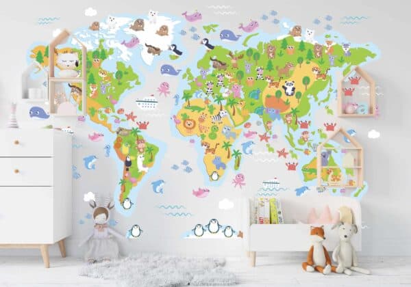Gyermek világtérkép kis állatokkal és tengeri élőlényekkel - Gyermek világtérkép a falra - Kepekfalra.hu