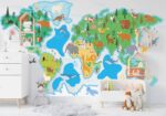 gyermekvilág térképe állatokkal és vízzel a térkép körül - Gyermek világtérkép a falon - Kepekfalra