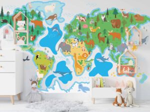gyermekvilág térképe állatokkal és vízzel a térkép körül - Gyermek világtérkép a falon - Kepekfalra