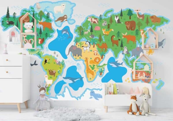 gyermekvilág térképe állatokkal és vízzel a térkép körül - Gyermek világtérkép a falon - Kepekfalra